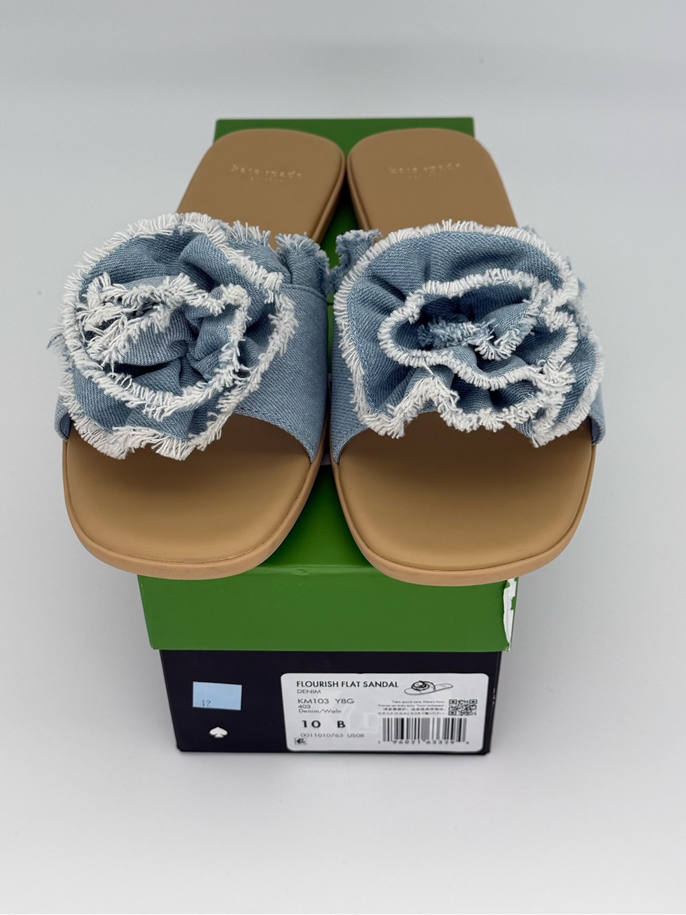 Kate Spade Flourish Denim Rosette Flat Sandals | Light Blue / Walnut | Women’s S